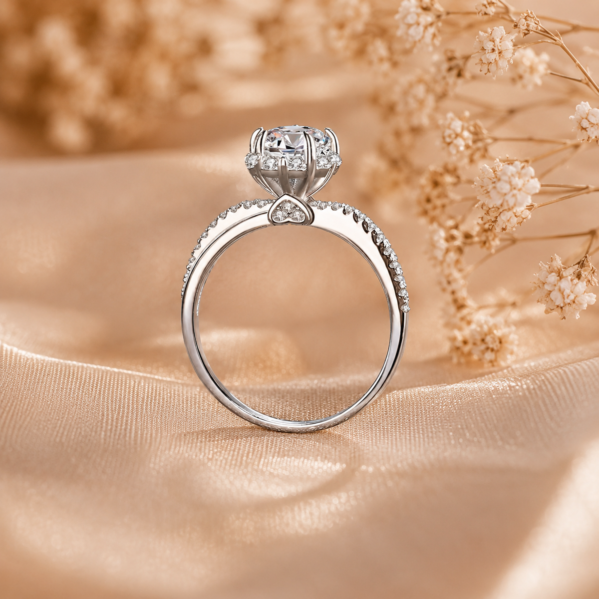 Anillo con halo de banda dividida de moissanita de talla brillante redonda 