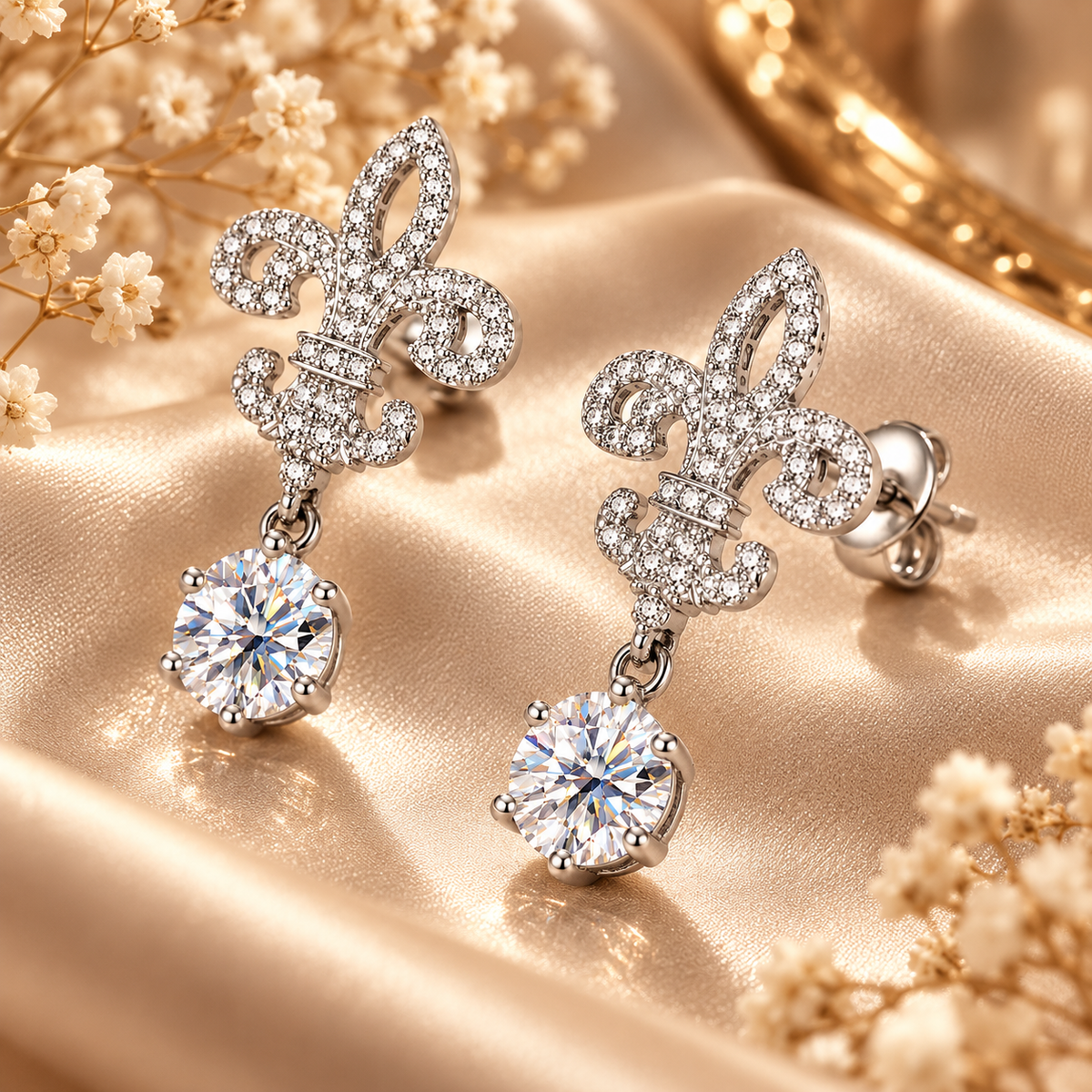 Silver fleur de lis colourless moissanite drop earrings displayed at an angle on champagne satin