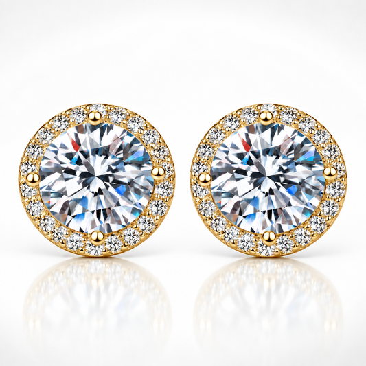 Gold round halo moissanite stud earrings shown front-on against a white background