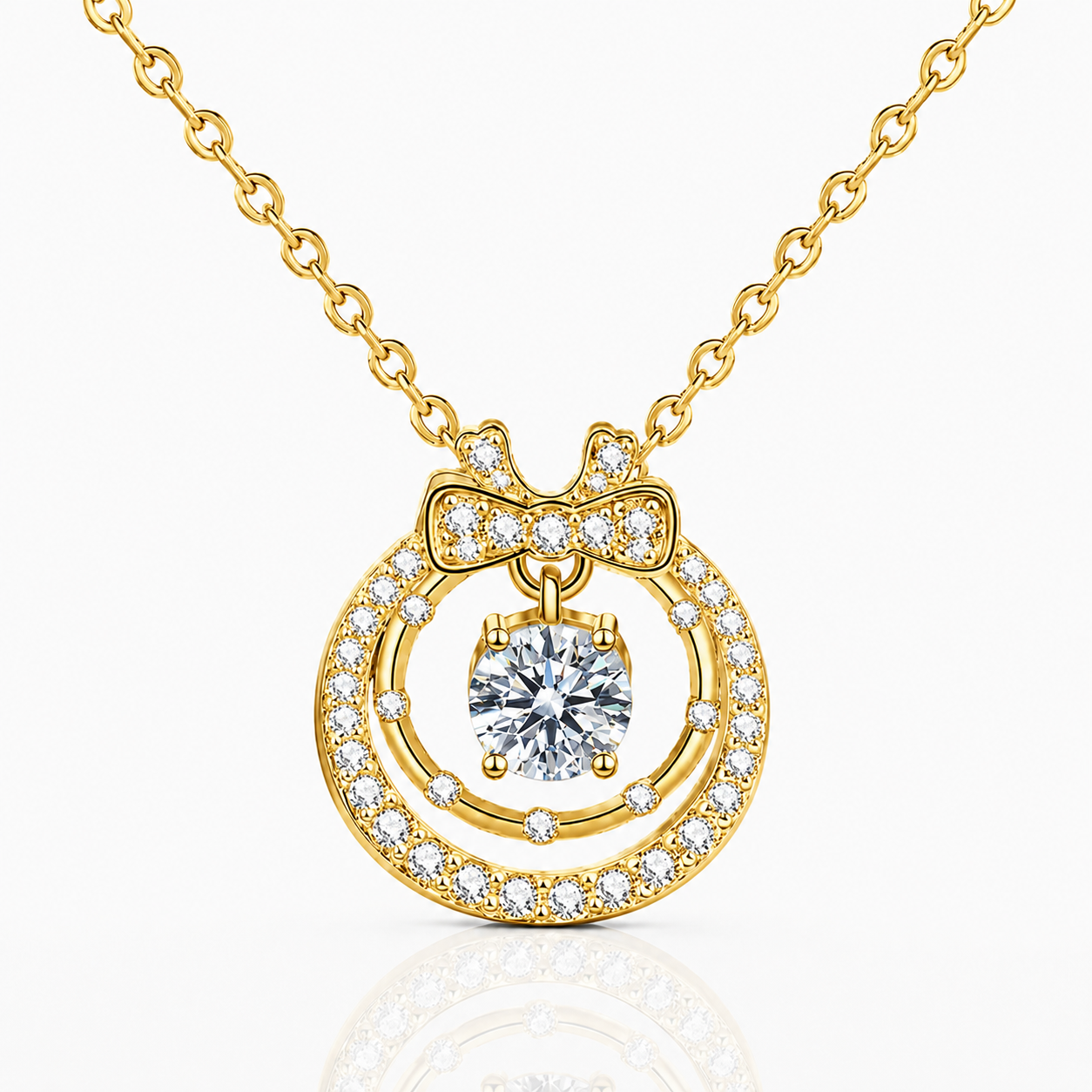 Colar com pingente de laço duplo de círculo duplo de Moissanite ornamentado 