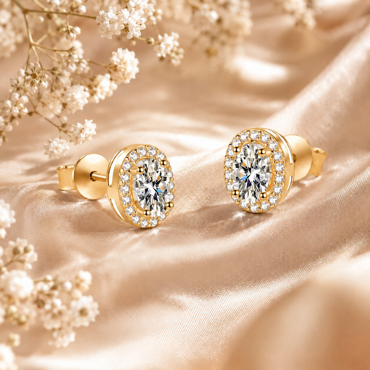 Gold oval halo moissanite stud earrings displayed on champagne satin with flowers