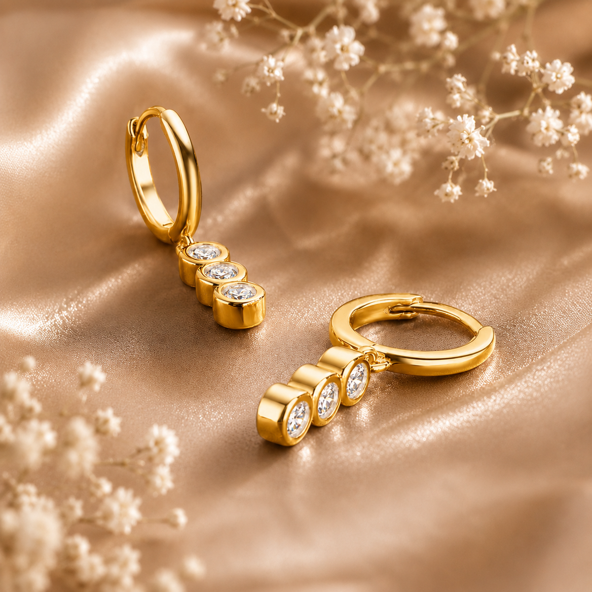 Gold triple-drop moissanite hoop earrings displayed on champagne satin with delicate flowers