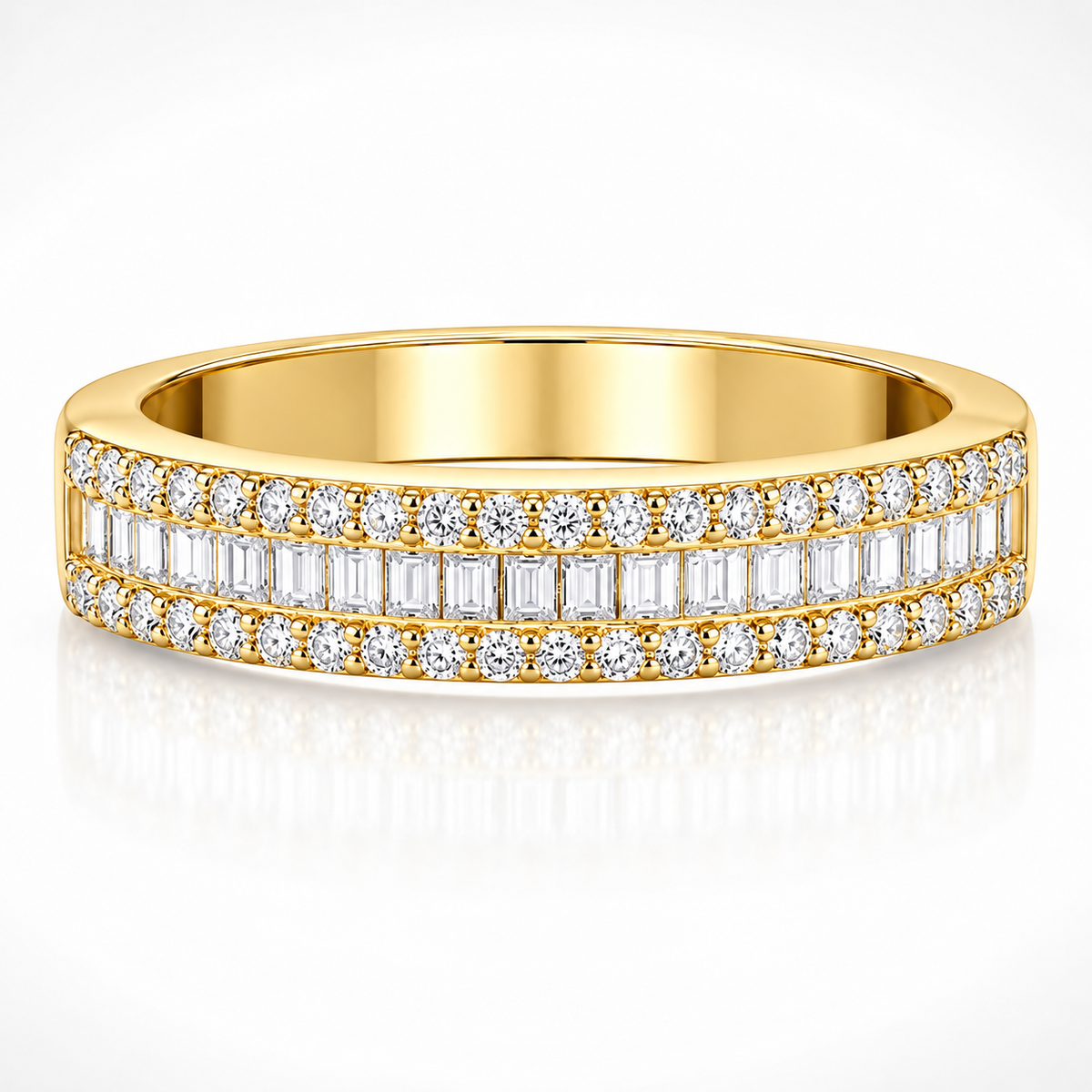 Emerald & Round Brilliant Moissanite Triple-Row Wedding Band