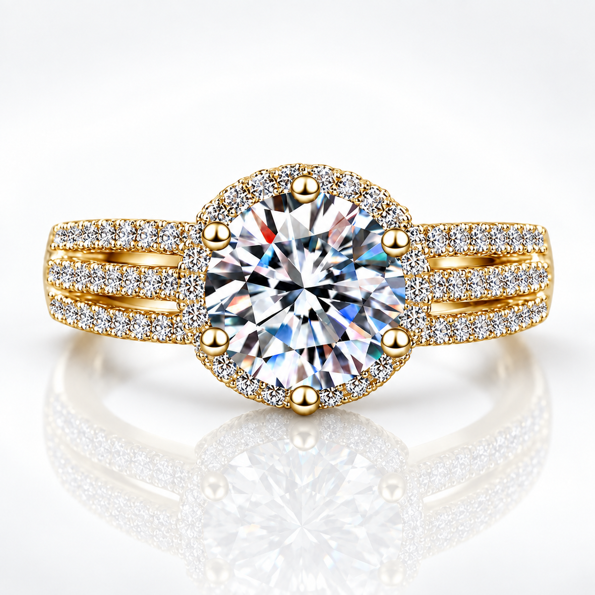 Round Brilliant Cut Moissanite Tri-Band Halo Ring