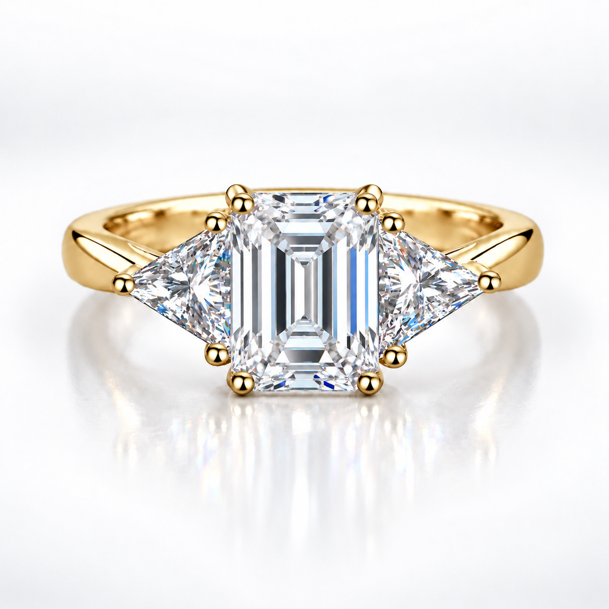 3ct Emerald & Trillion Cut Moissanite Trilogy Engagement Ring