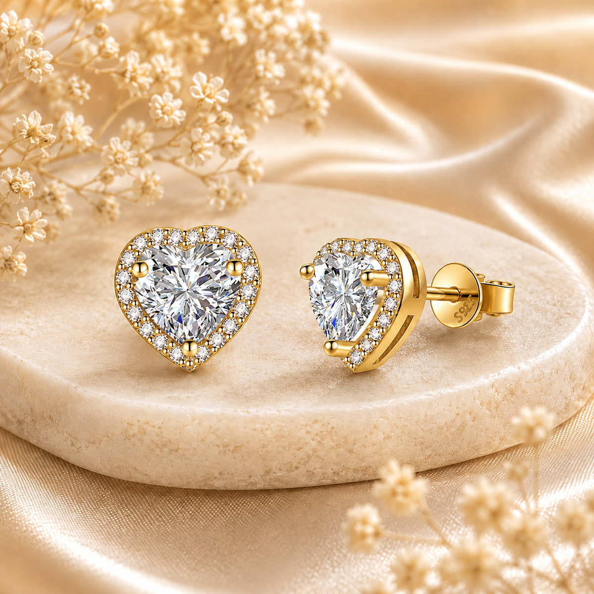 Gold heart-cut colourless moissanite halo stud earrings displayed on champagne satin