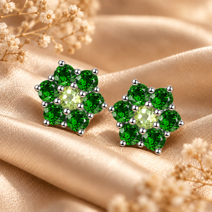 Natural Peridot & Chrome Diopside Floral Cluster Stud Earrings