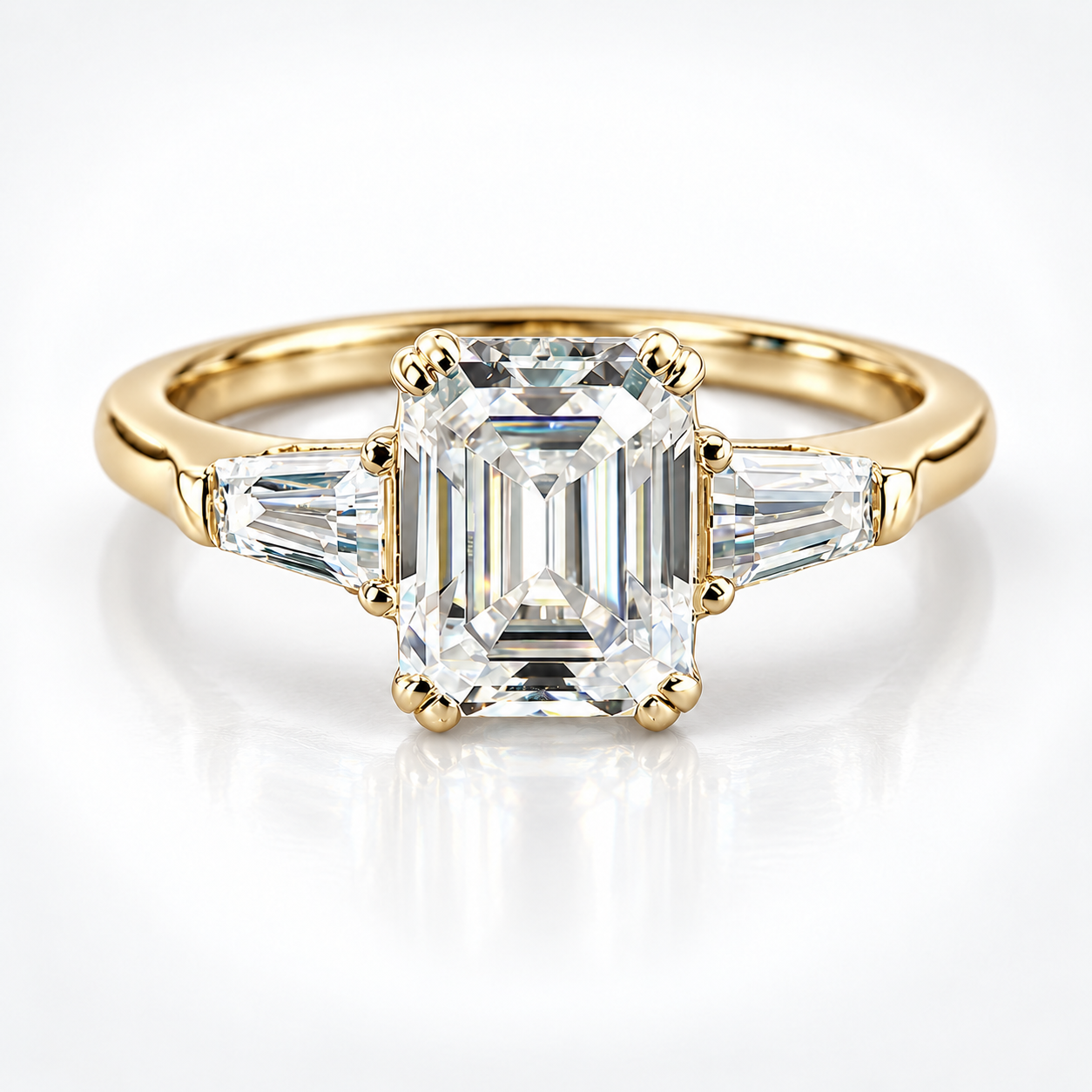 Emerald Cut & Tapered Baguette Moissanite Trilogy Engagement Ring