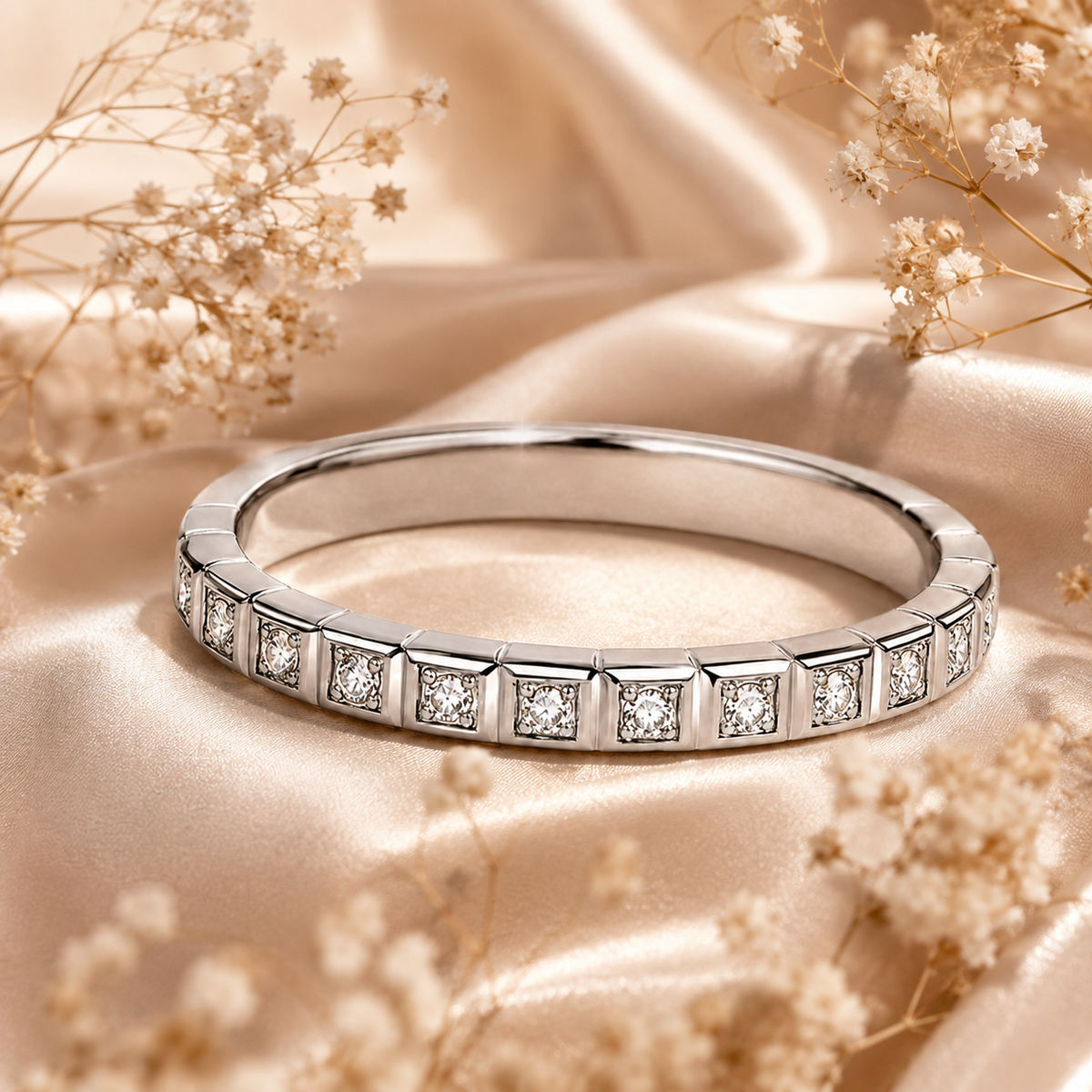 Round Brilliant Cut Moissanite Square Channel Half-Eternity Wedding Band