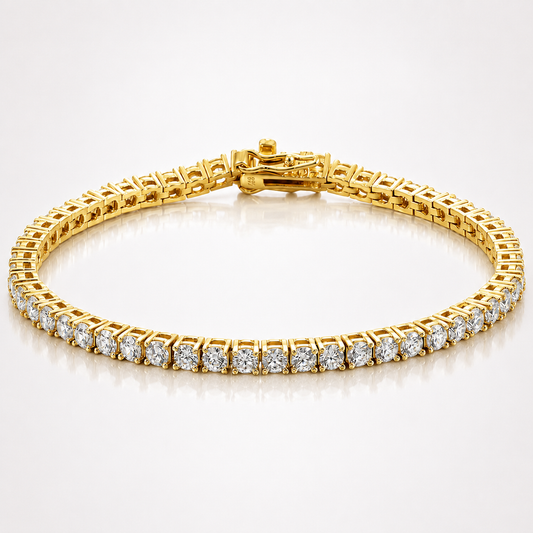 Yellow gold-tone classic moissanite tennis bracelet with round stones and box clasp on a white background