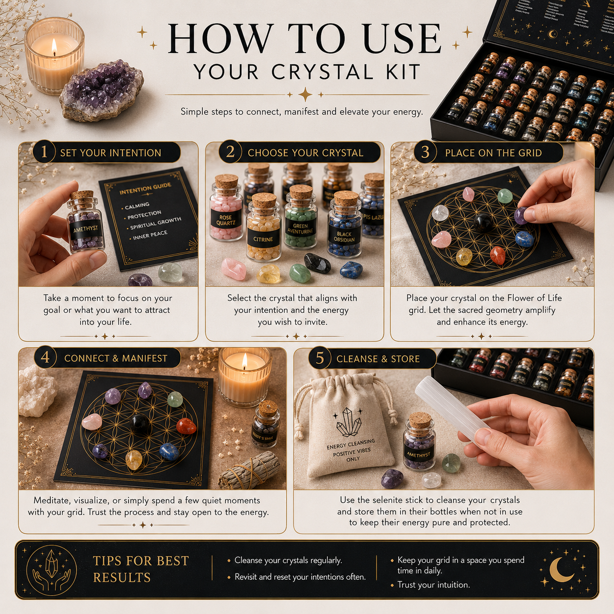 30 Bottle Crystal Healing Set with Flower of Life Grid & Selenite Wand