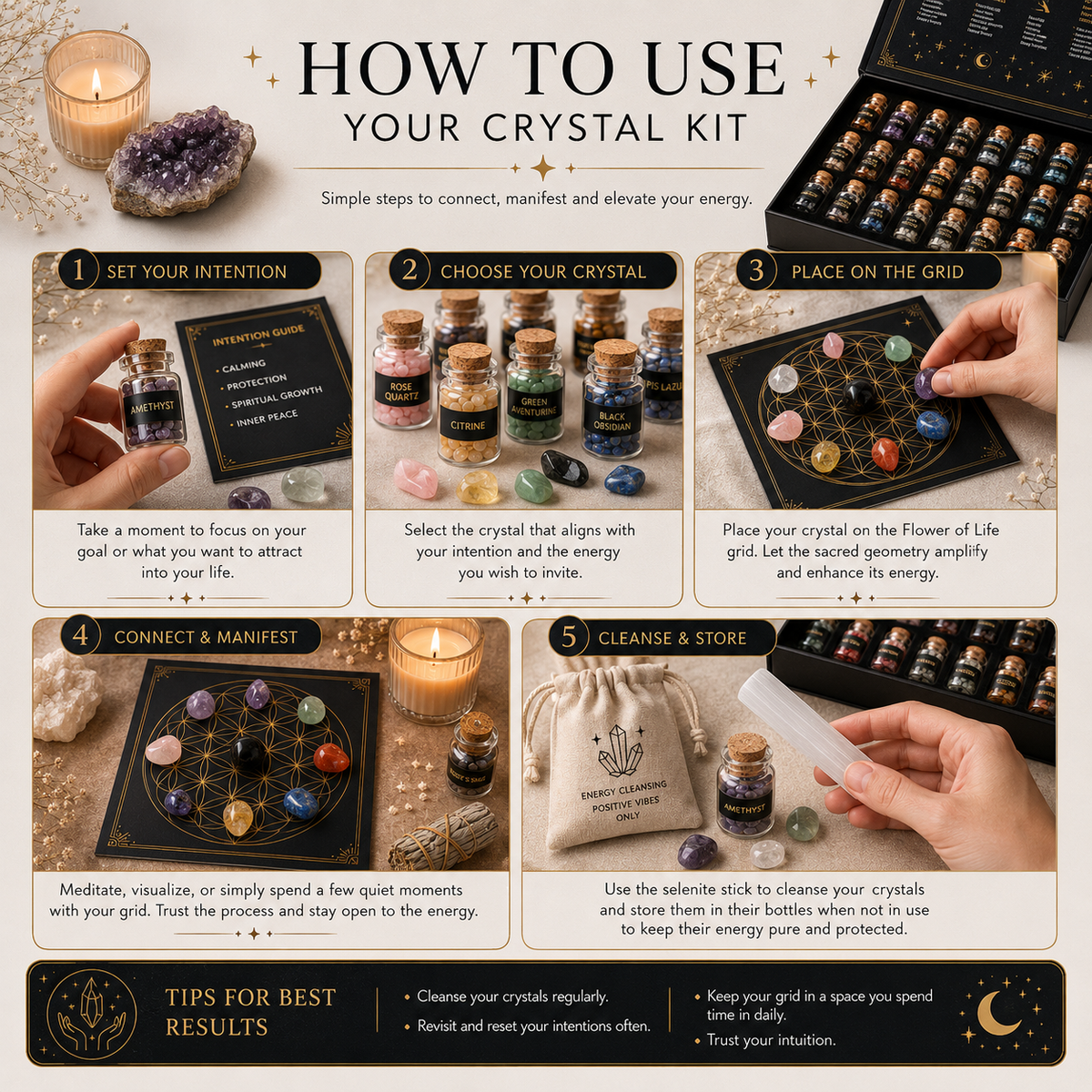 30 Bottle Crystal Healing Set with Flower of Life Grid & Selenite Wand