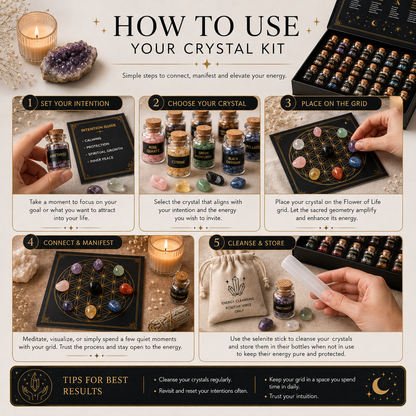 30 Bottle Crystal Healing Set with Flower of Life Grid & Selenite Wand