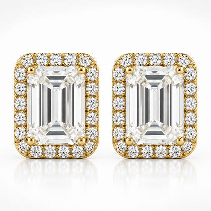 Gold emerald cut halo moissanite stud earrings shown front-on against a white background