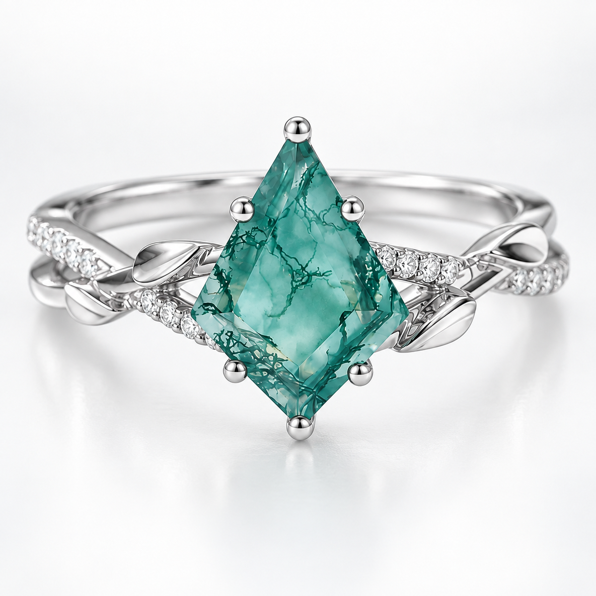 Natural Moss Agate Ring – Kite Cut Nature Inspired Boho Engagement Ring