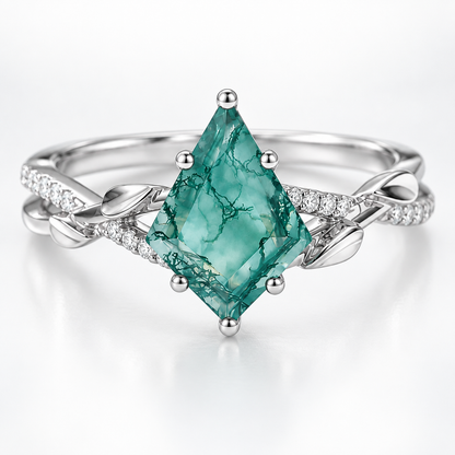 Natural Moss Agate Ring – Kite Cut Nature Inspired Boho Engagement Ring