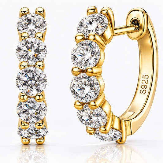 Gold graduated five-stone colourless moissanite hoop earrings shown front and side on a white background