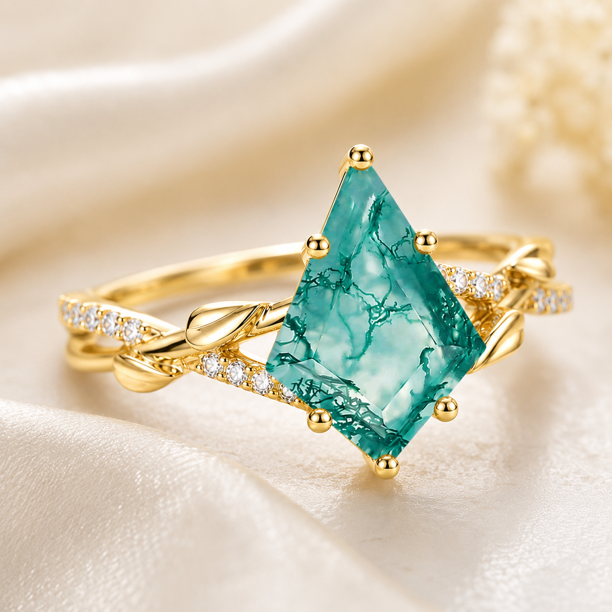 Natural Moss Agate Ring – Kite Cut Nature Inspired Boho Engagement Ring