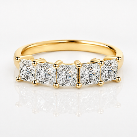 Anel de meia eternidade de Moissanite com corte princesa de 2 ct e 5 pedras