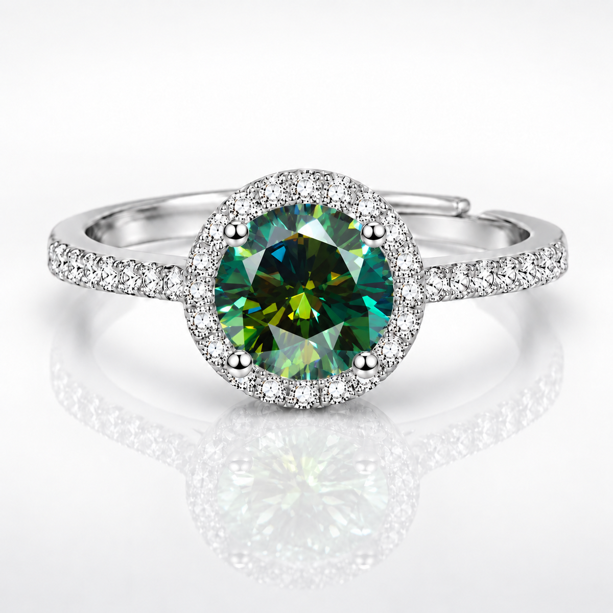 Anillo ajustable con halo de 4 garras de moissanita verde de 1 quilate y 6,5 mm 