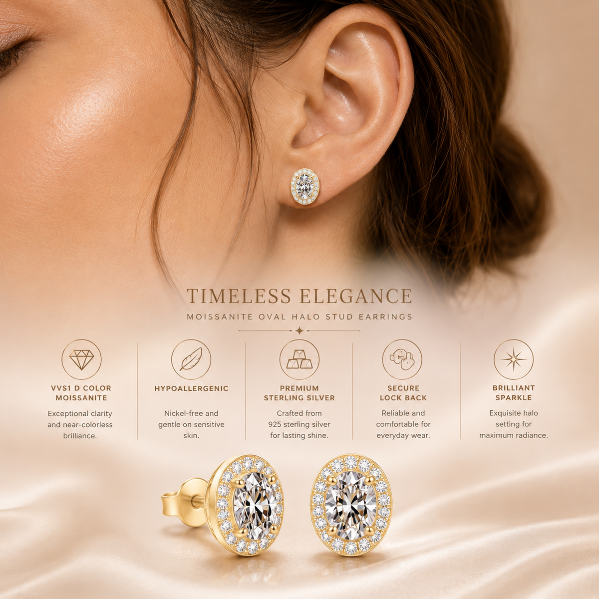 Oval halo moissanite stud earring worn on the ear with a gold pair shown below in a lifestyle graphic