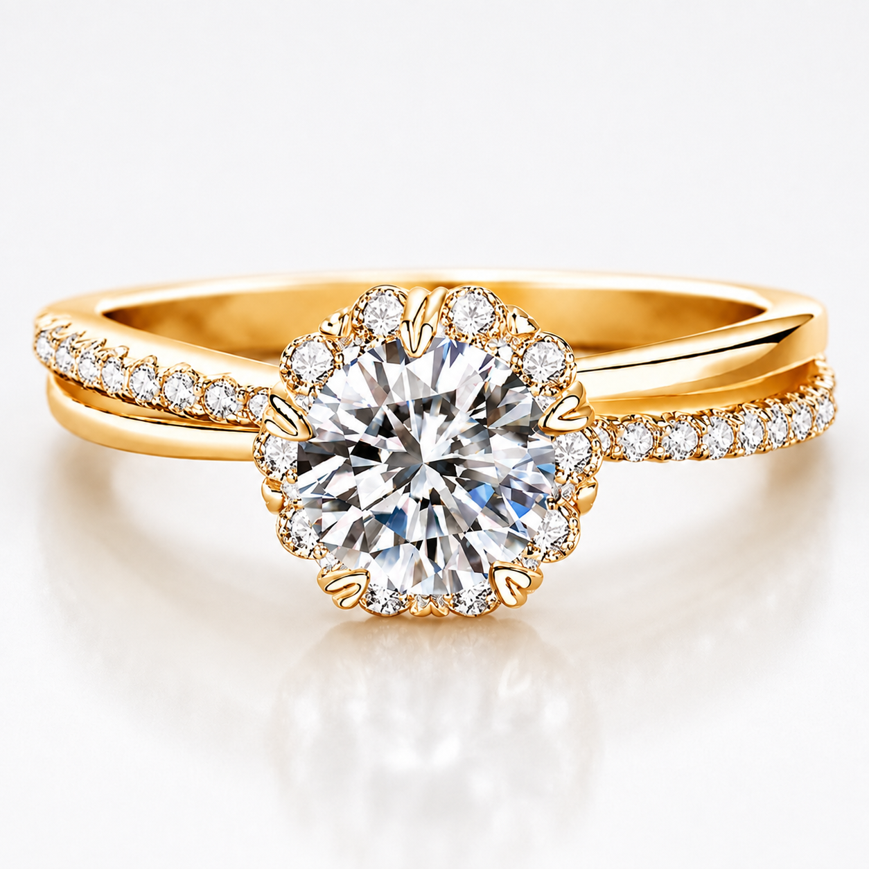 Anillo con halo de banda dividida de moissanita de talla brillante redonda 