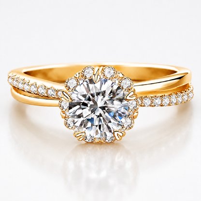 Anillo con halo de banda dividida de moissanita de talla brillante redonda 