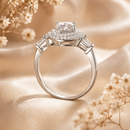 Anillo con doble halo de moissanita con talla de corazón 