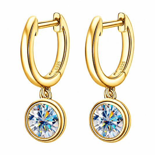 Gold bezel drop moissanite hoop earrings with round colourless stones shown on a white background