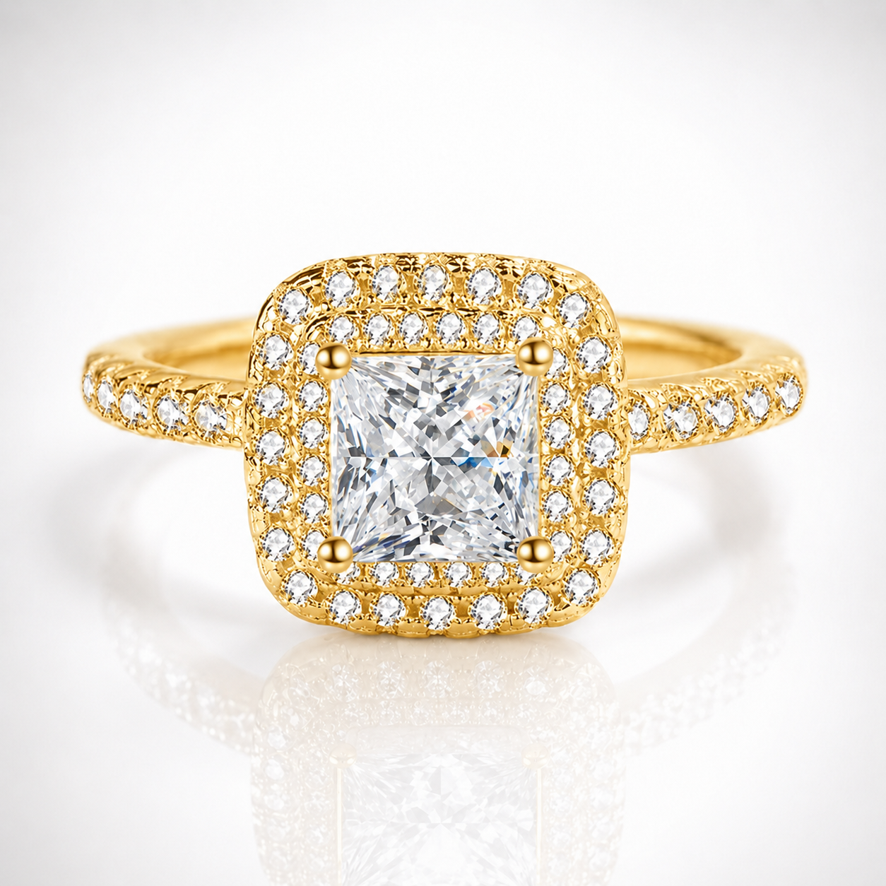 Anel de Halo Duplo Moissanite Corte Princesa 