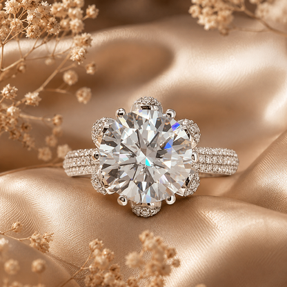 Round Brilliant Moissanite Cathedral Pavé Engagement Ring