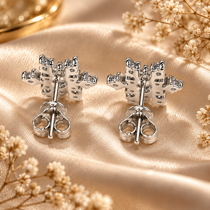 Rear view of silver snowflake moissanite stud earrings showing posts and butterfly backs
