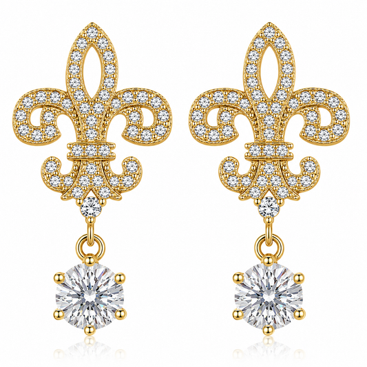 Gold fleur de lis drop earrings with colourless round moissanites shown front-on against a white background