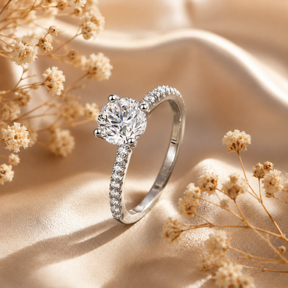 Round Brilliant Moissanite Pavé Solitaire Engagement Ring