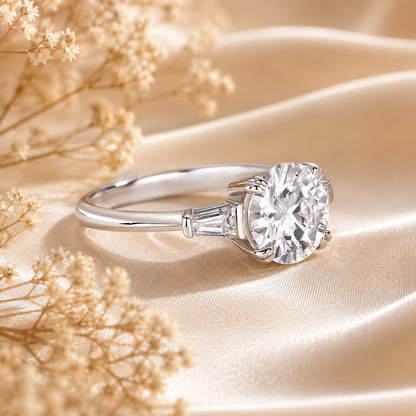 Round Brilliant & Tapered Baguette Moissanite Trilogy Ring