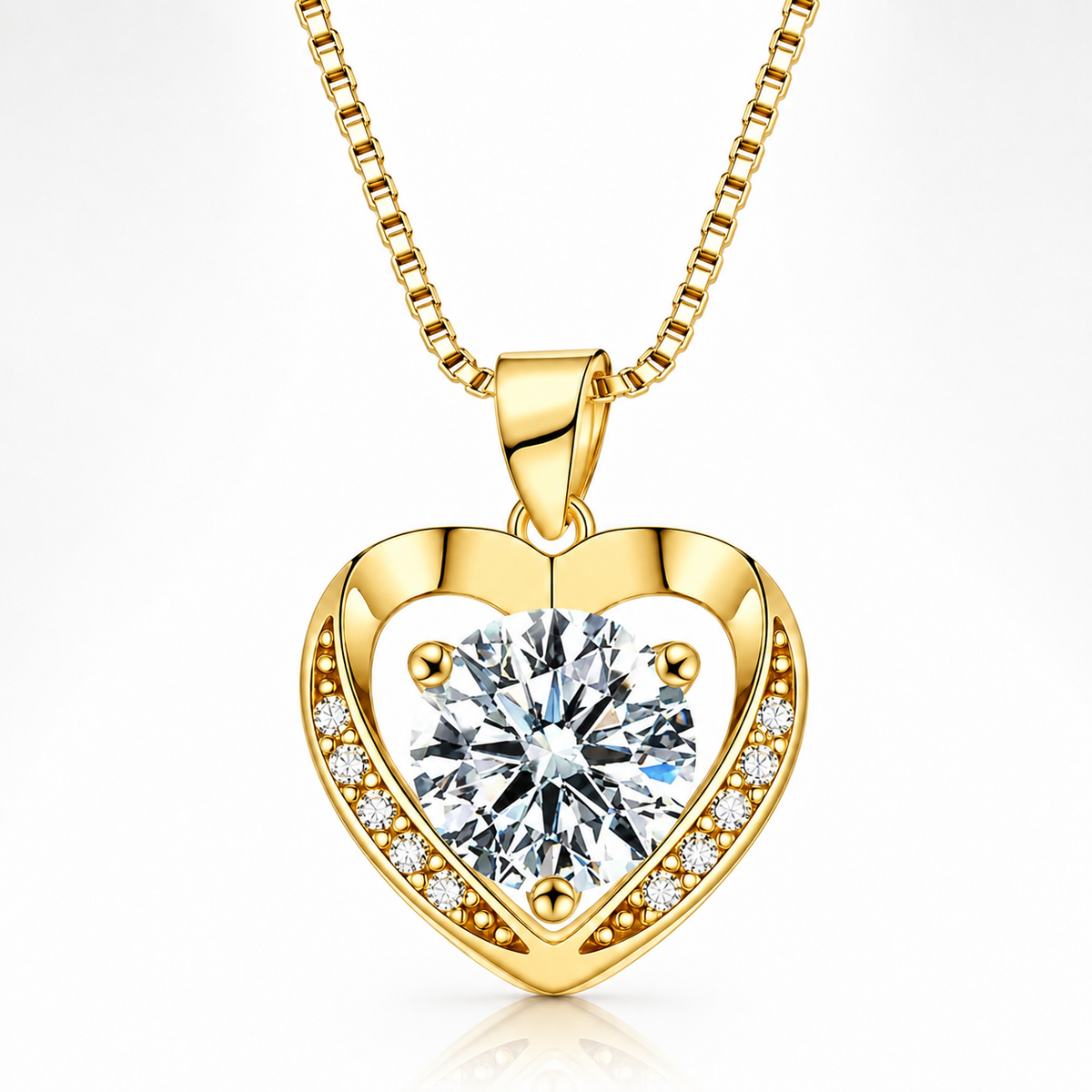Yellow gold shimmering heart moissanite pendant with a large round center stone and pavé side accents.