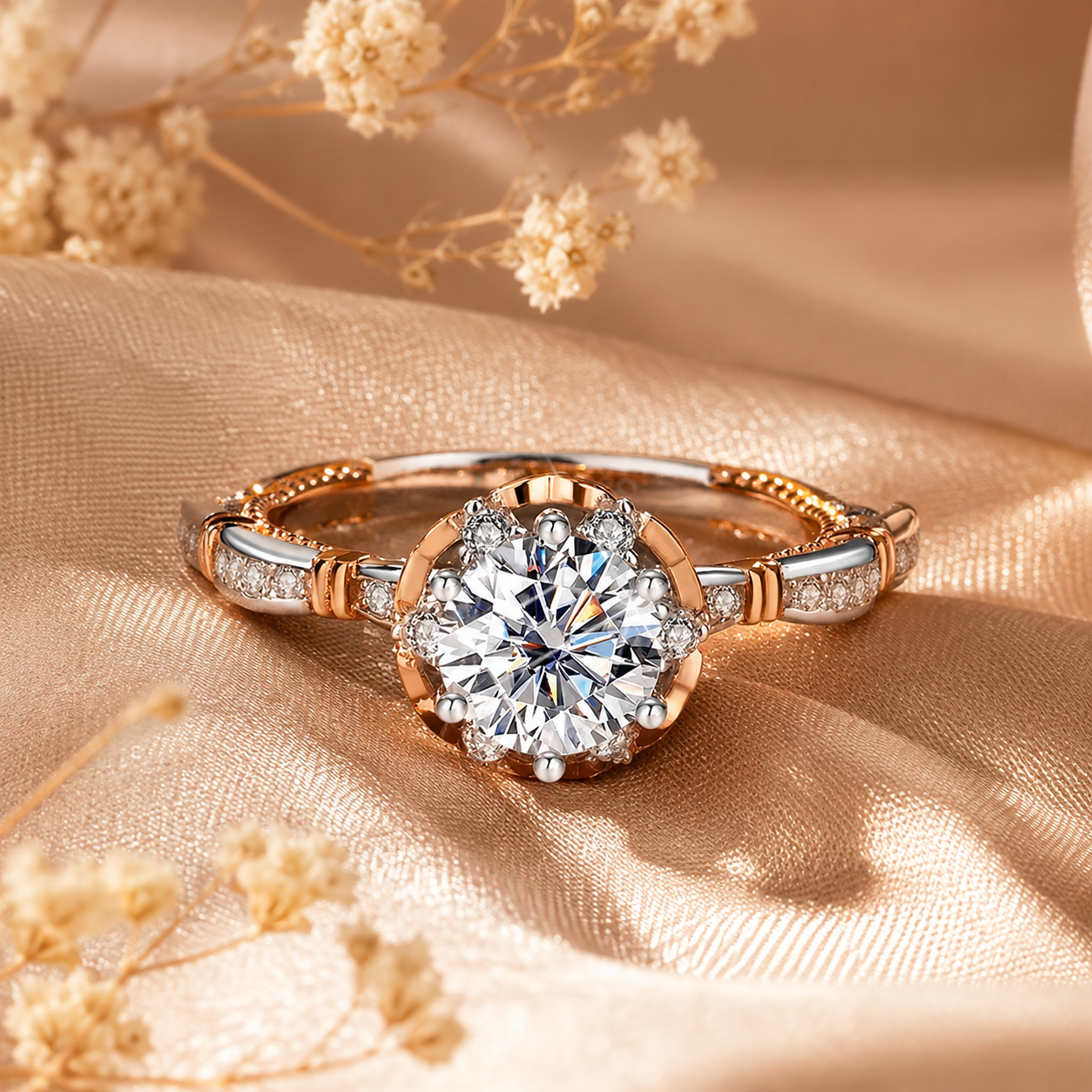 Two-Tone Round Brilliant Moissanite Vintage Engagement Ring