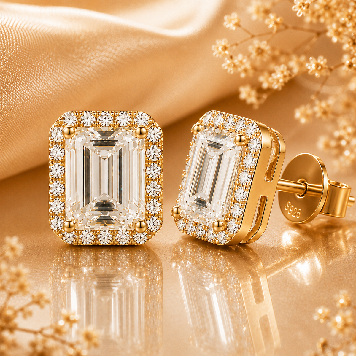 Emerald cut halo moissanite stud earring worn on the ear in a warm lifestyle close-up