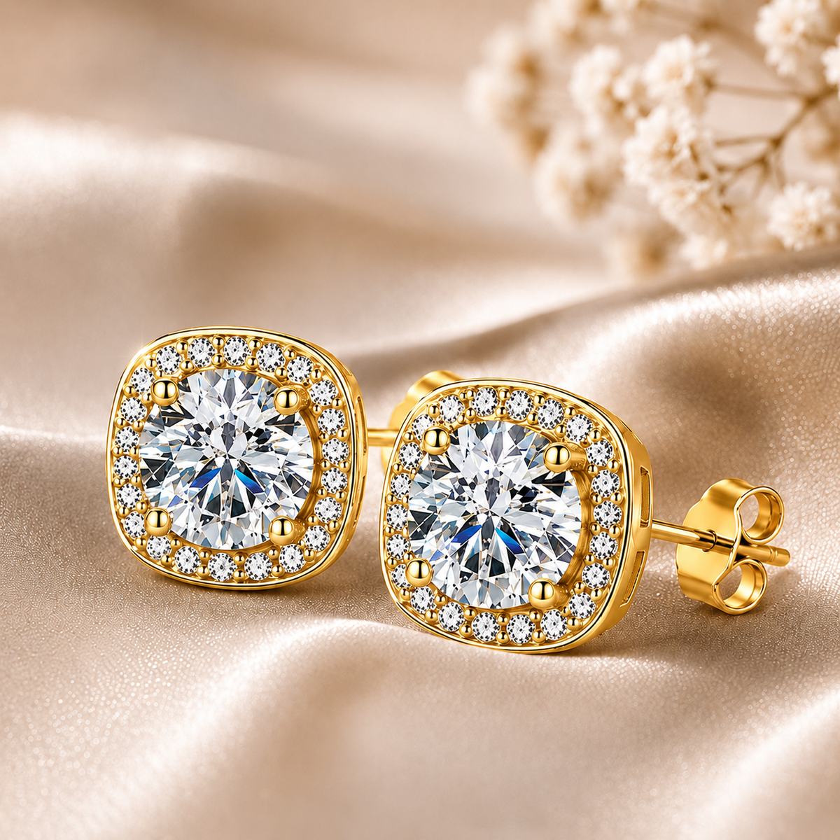Gold cushion halo colourless moissanite stud earrings displayed close-up on champagne satin