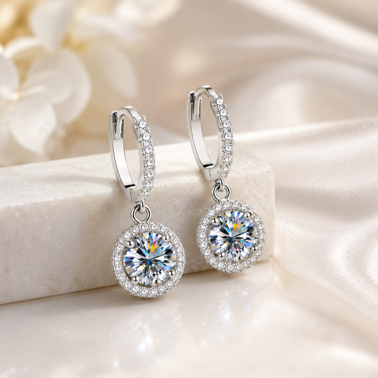 Halo Moissanite Hoop Drop Earrings – 1.0ct Round Brilliant Earrings