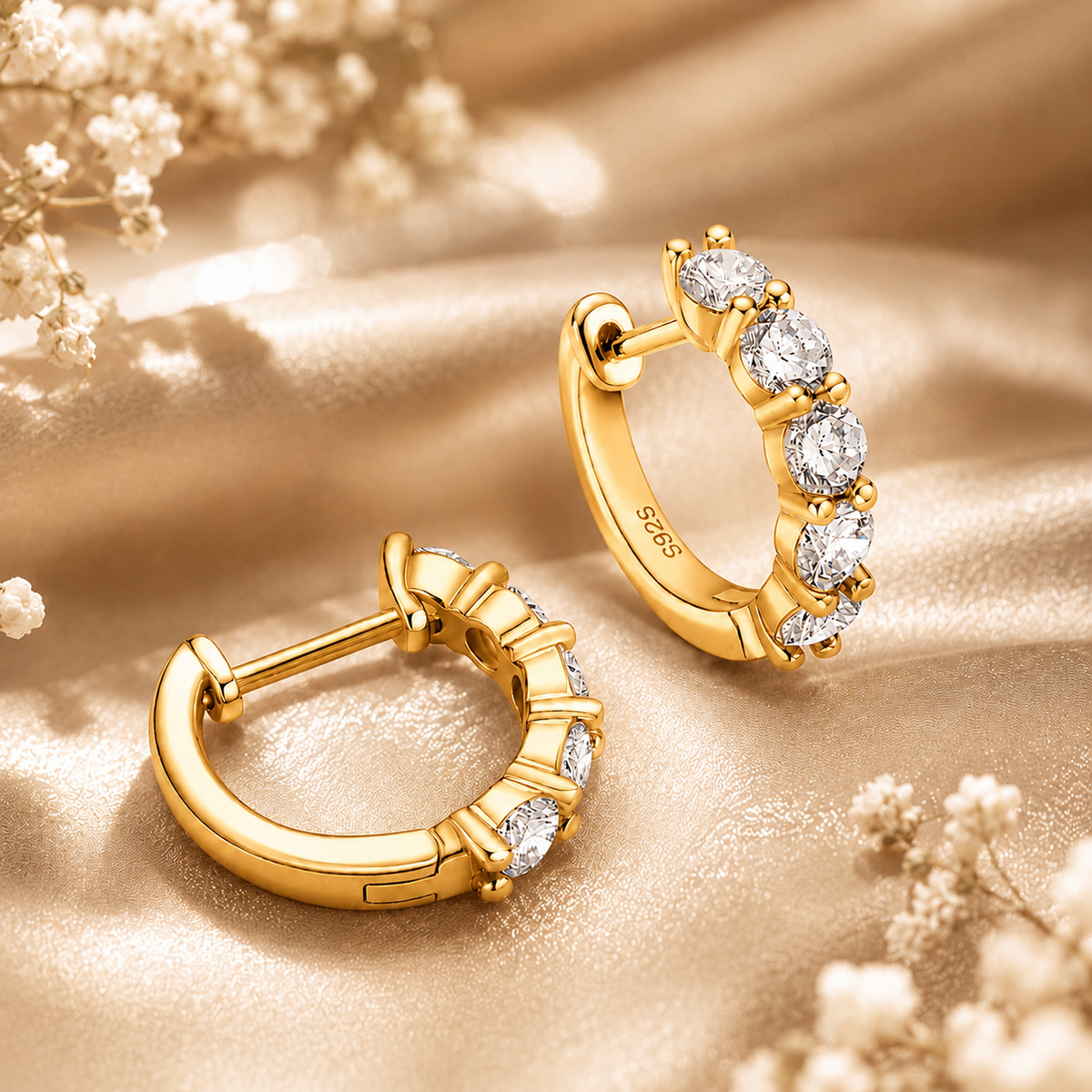Back and side view of gold five-stone moissanite hoop earrings on champagne satin