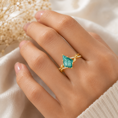 Natural Moss Agate Ring – Kite Cut Nature Inspired Boho Engagement Ring
