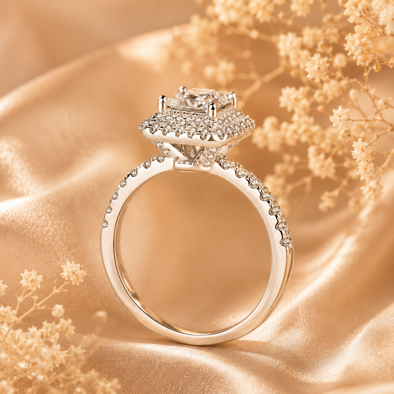 Anel de Halo Duplo Moissanite Corte Princesa 