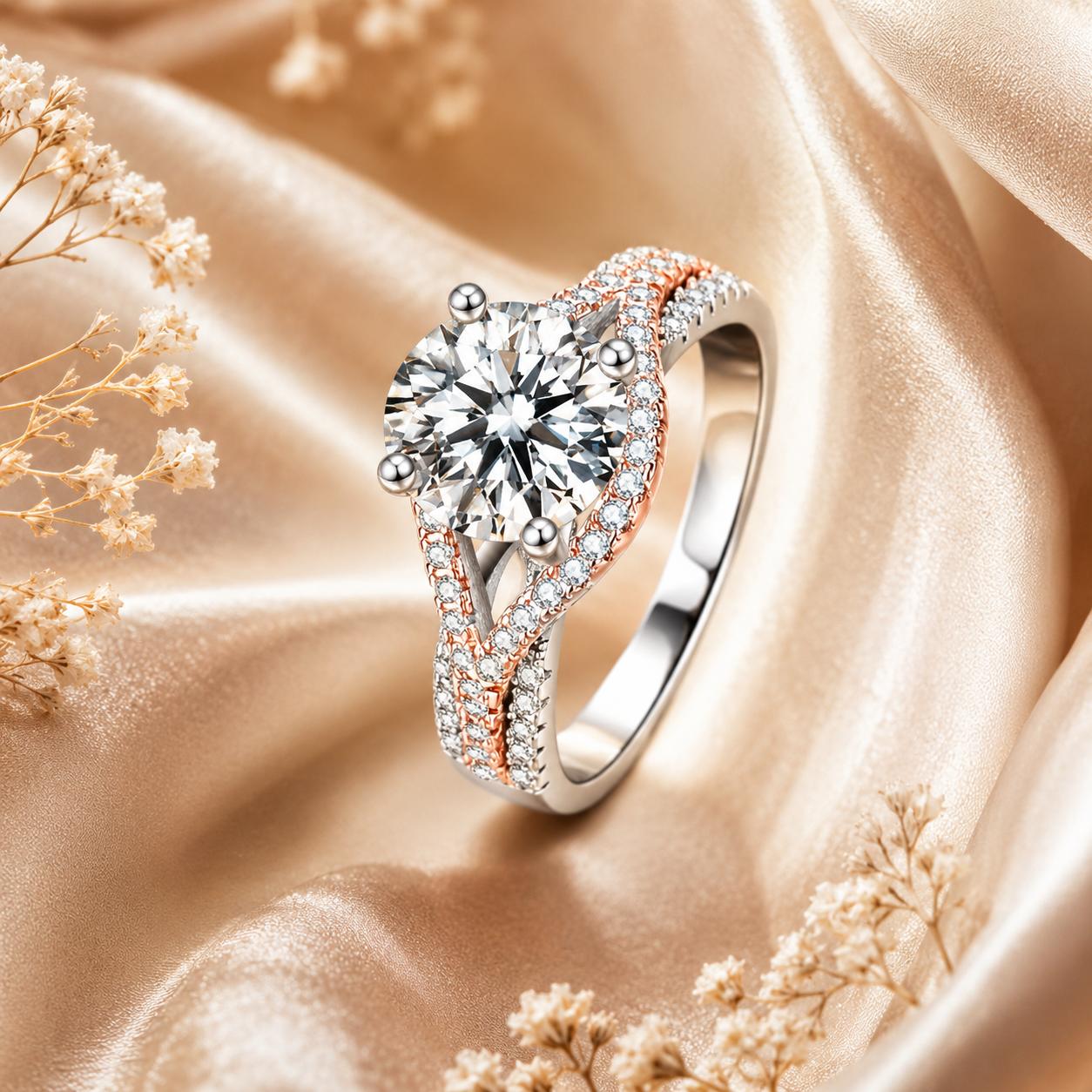 2ct Two-Tone Round Brilliant Moissanite Marquise Frame Engagement Ring