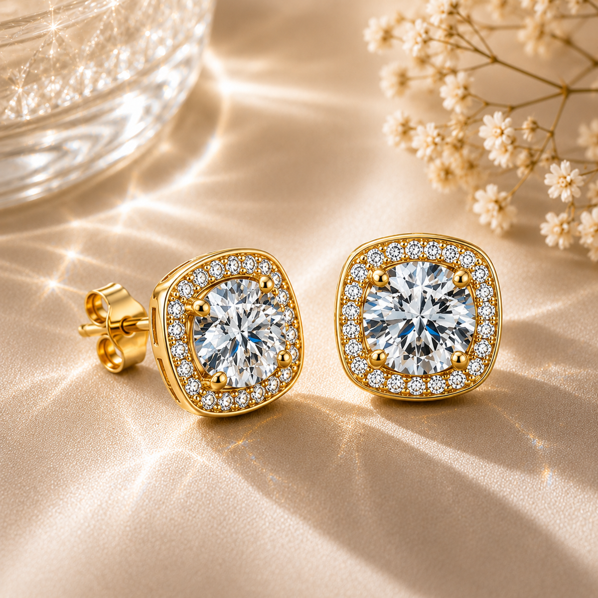 Gold cushion halo colourless moissanite stud earrings displayed on reflective champagne satin