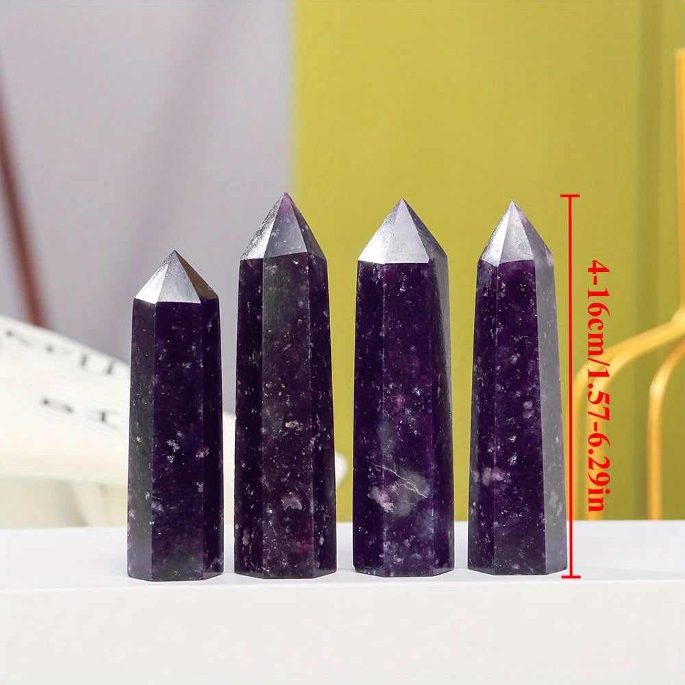 Four Lepidolite towers with visible height measurement in centimetres and inches, ideal for buyers seeking crystal dimensions for healing and décor.