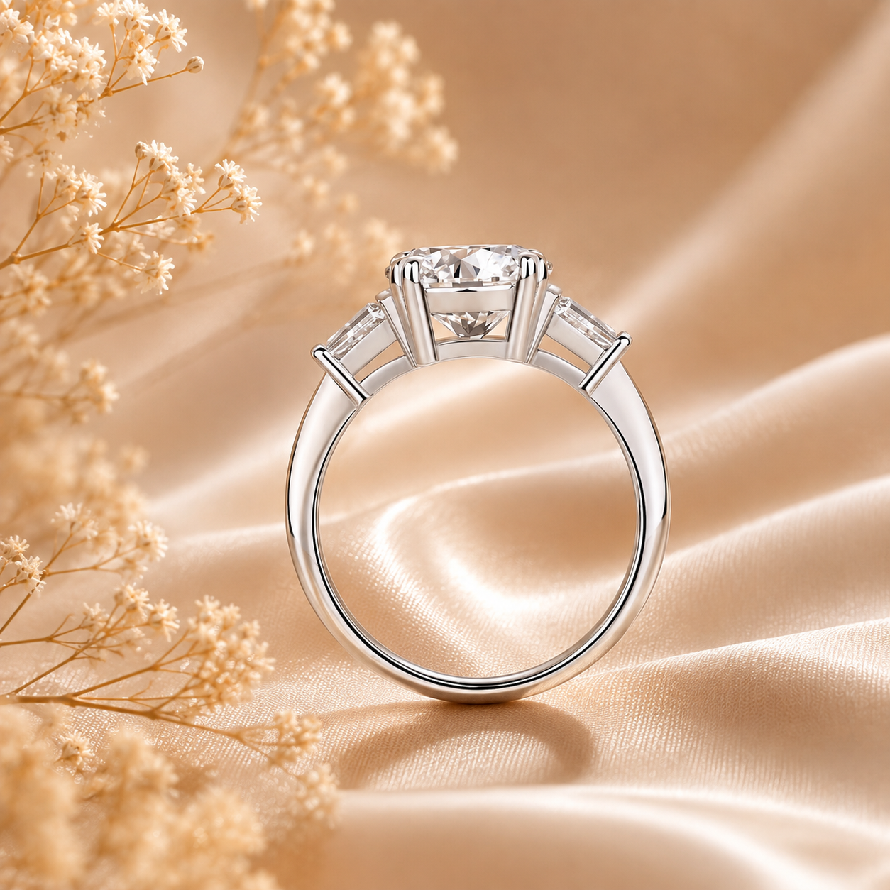 Round Brilliant & Tapered Baguette Moissanite Trilogy Ring