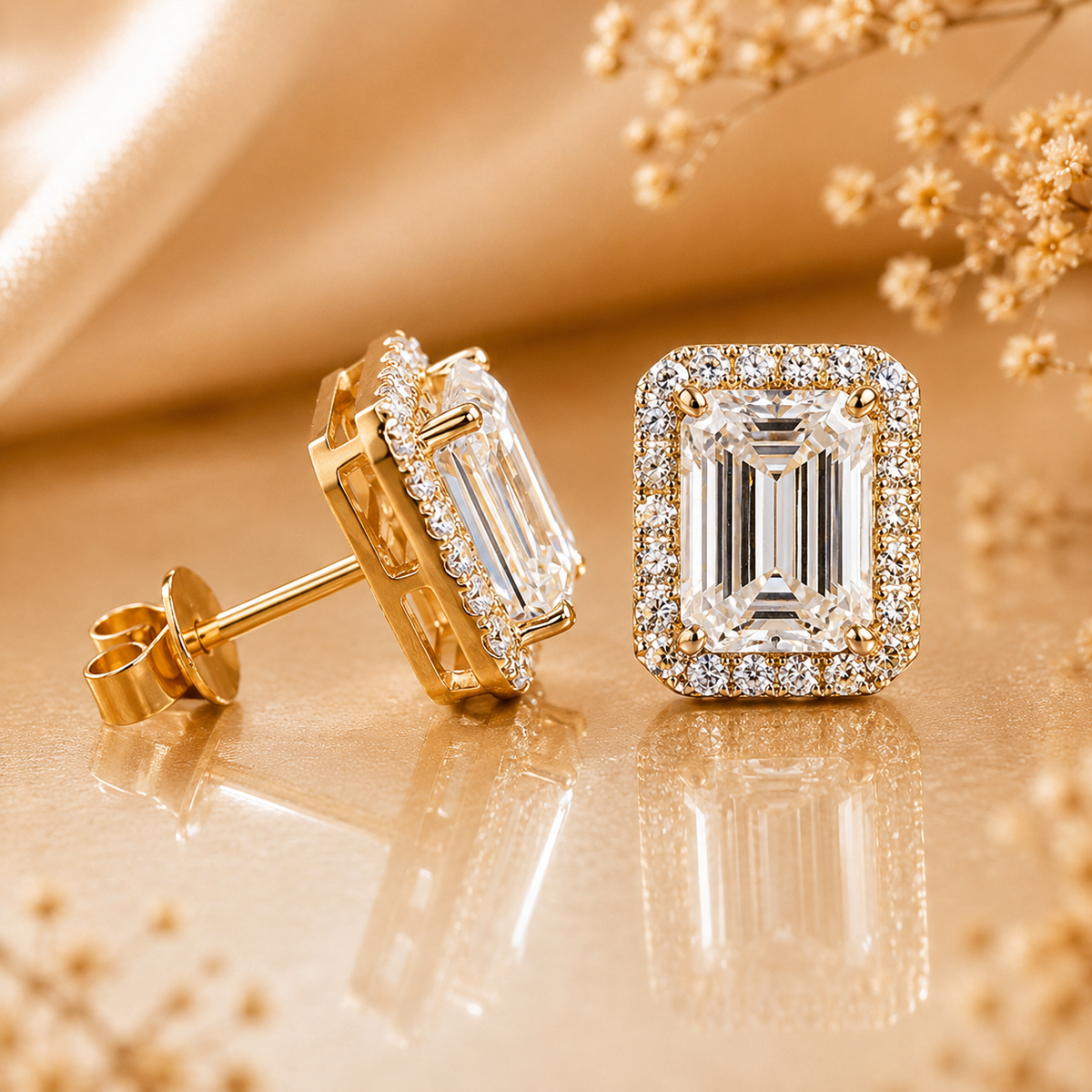 Silver emerald cut halo moissanite stud earrings displayed on champagne satin with floral accents