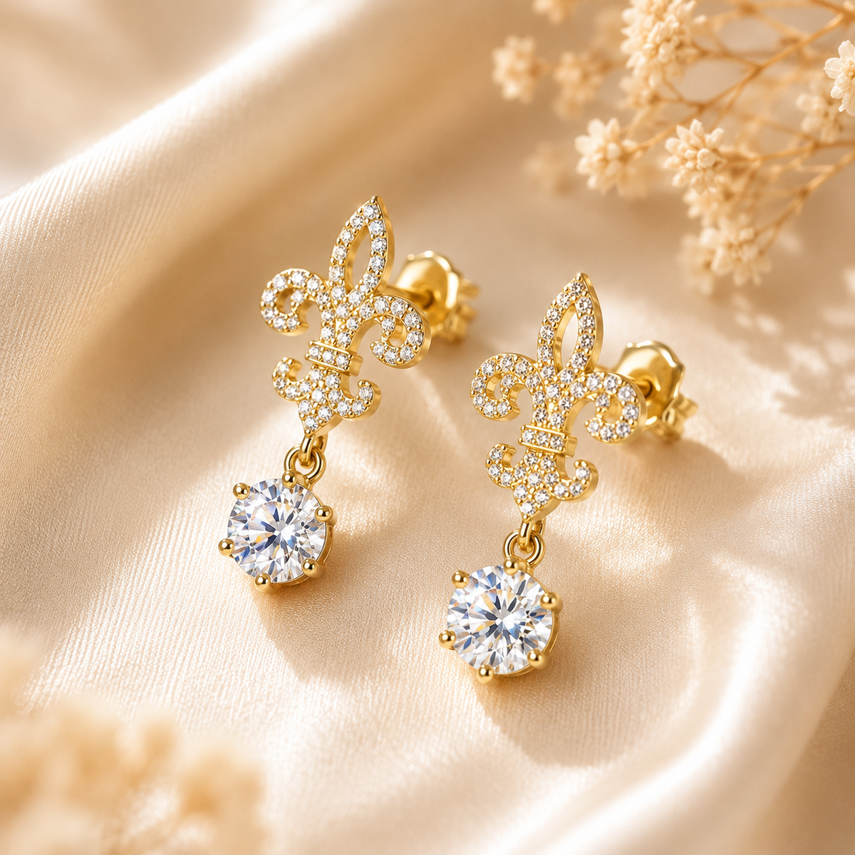 Gold fleur de lis colourless moissanite drop earrings displayed on champagne satin