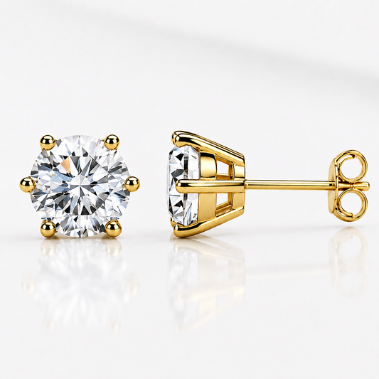 Yellow gold six-prong colourless moissanite stud earrings shown front and side on a white background